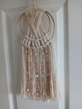 Handmade Cream Macrame Wall Hanging with Gold Hoops & Pink Beads Dream Catcher